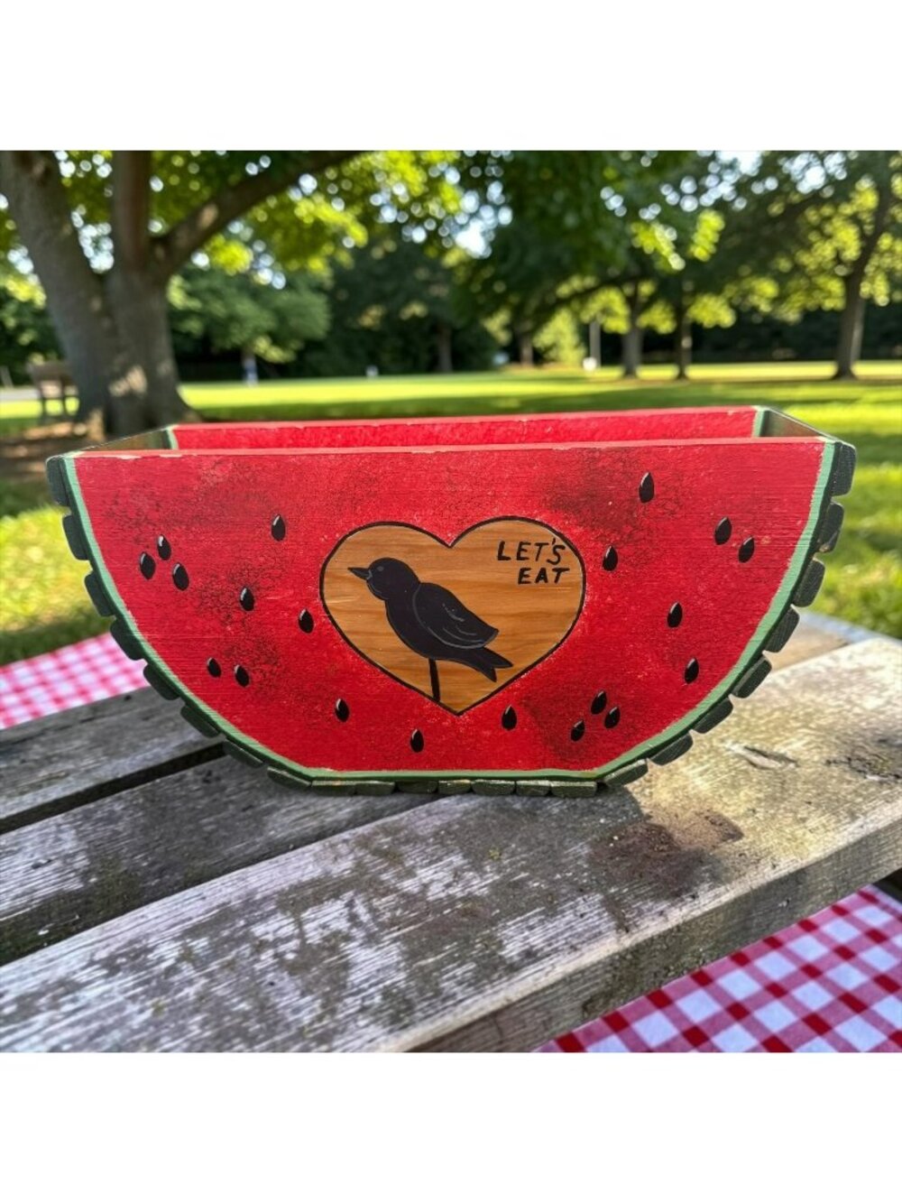 Watermelon Wooden Crate Box "Lets Eat" Bird Design Red & Green Rustic Decor Hand